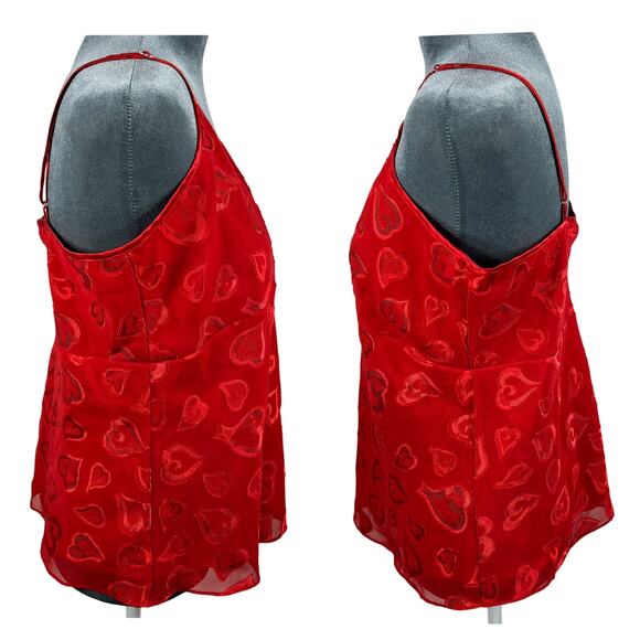 Y2K Babydoll Camisole Tank Top Medium Red Textured Hearts Mesh Overlay Satin Vtg - Picture 14 of 15